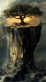 Sky-borne world tree crowned in molten twilight glow.