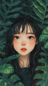 Digital portrait of green-eyed girl framed by tropical foliage
