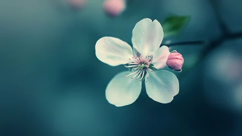 Delicate White Flower with Pink Bud Against Soft Blue Background.