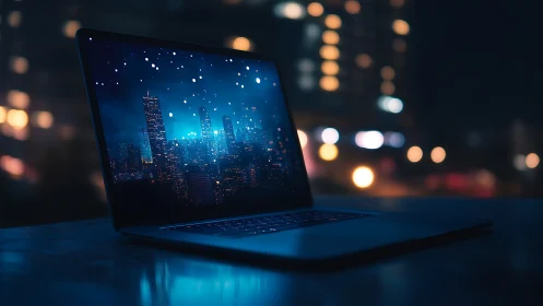 Cyberpunk laptop cityscape with bokeh night skyline composition.