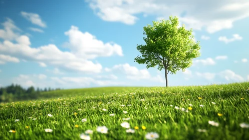 Isolated deciduous tree on shallow‑focus spring meadow field.