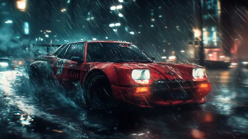 Red rain-slashed street racer carving neon-soaked night roads.
