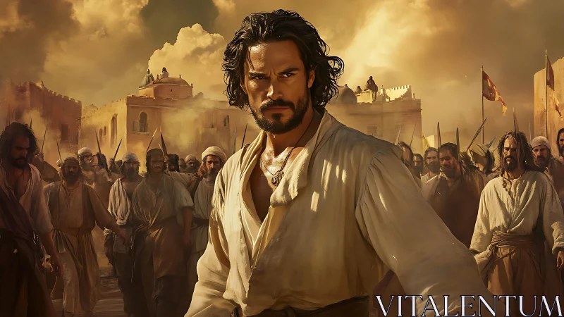 Storm-eyed rebel strides through sunlit desert uprising