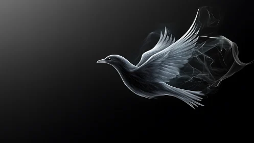Luminous smoke bird glides across deep black void.