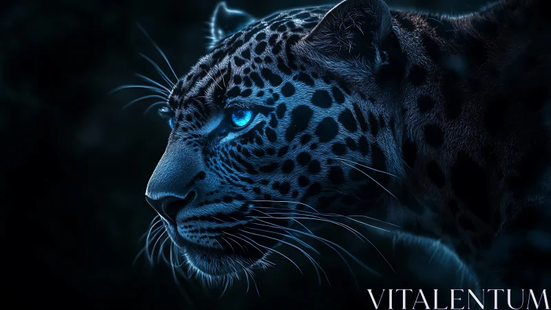 Leopard in profile with cyan luminescence against dark background.