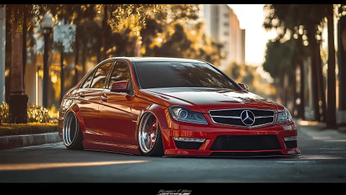 Lowered red Mercedes sedan glides through warm city sunset streets