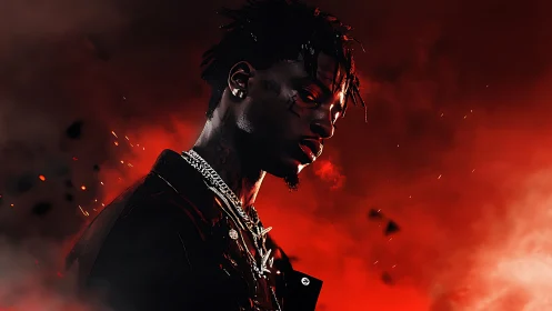 Low key portrait in red volumetric haze with cinematic rim lighting