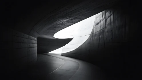 Curved concrete tunnel interior with overhead light opening.