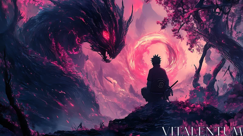 Warrior faces spectral dragon amid neon twilight forest.