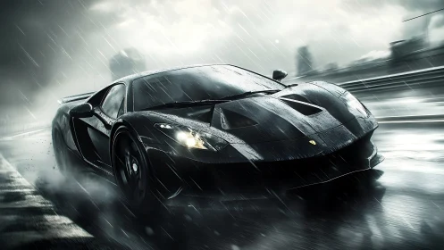 Midnight supercar slices through rain on a neon wet track