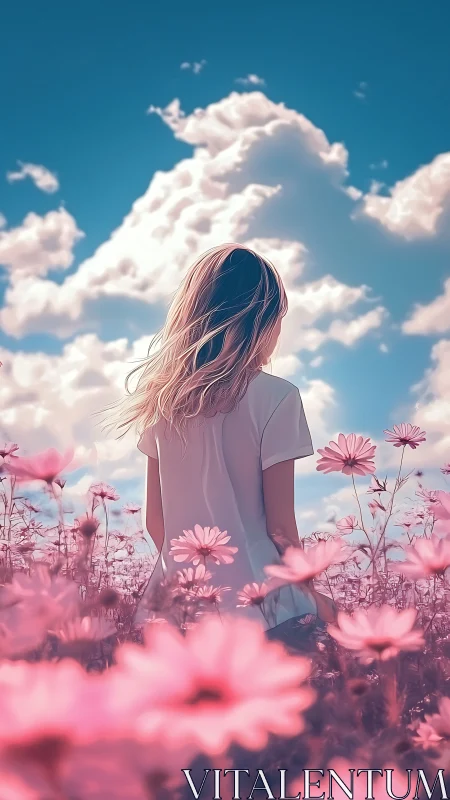 Dreamy girl wandering through soft pink wildflower fields.