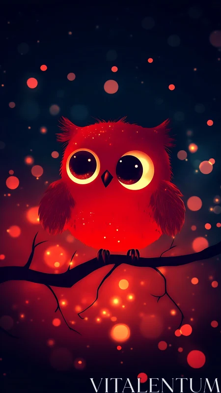 Glowing red owl on branch rendered in luminous bokeh style