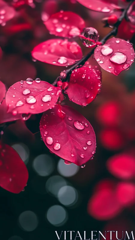 Scarlet raindrops on leaves framed by soft bokeh background.