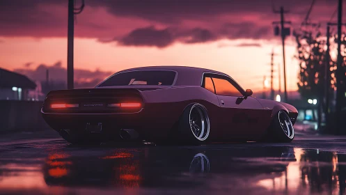Low-slung muscle car glows against neon-soaked sunset streets.