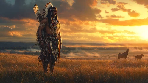 Sunlit plains warrior in feathered regalia at atmospheric dusk.