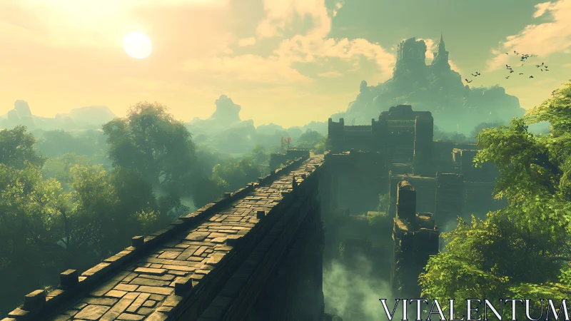 Sunlit ruined stone bridge leads toward distant misty citadel