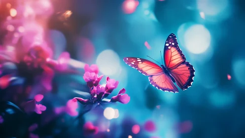 Butterfly in midair against defocused floral background.