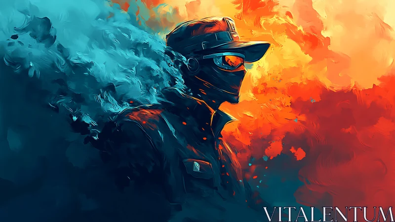 Masked cyber soldier stands between icy blue and blazing fire