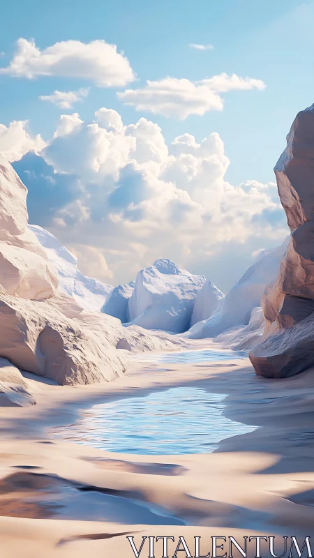 Soft desert canyon cradles a calm blue reflective stream