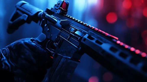 Modern tactical rifle in close-up with red and blue lighting.