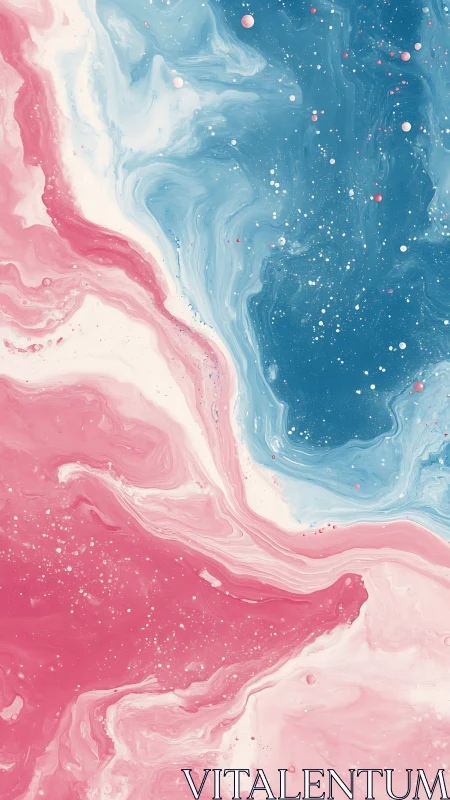 Abstract fluid painting shows pink and blue marbled swirls
