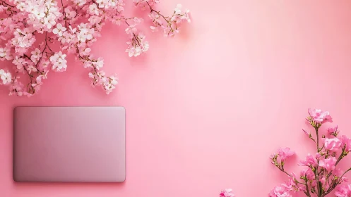 Blush laptop nestles beneath drifting cherry blossom daydreams.