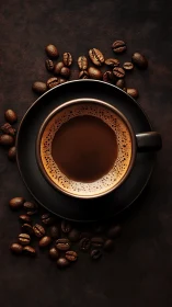 Coffee cup filled with dark espresso sits among beans