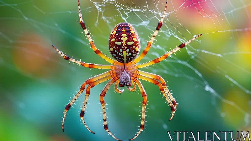 Radiant garden spider pauses gently in its shining web