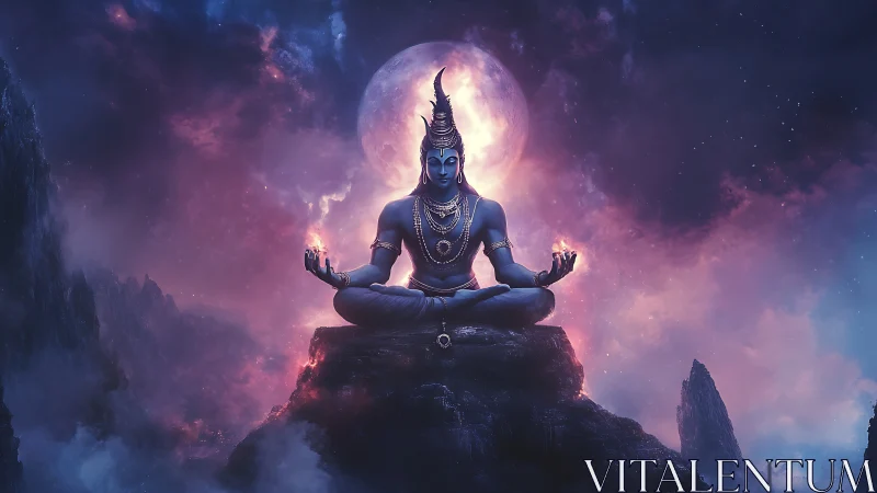 Meditating blue deity on mountain peak under glowing moon.