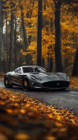 Silver sports coupe gliding through a quiet autumn forest road.