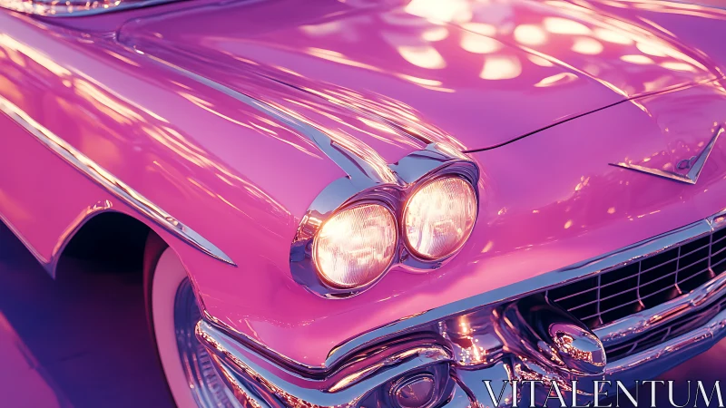 Chromatic close-up of neon-lit vintage coupe front fascia.