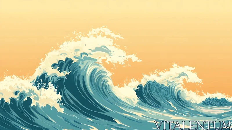 Sunlit ocean swells curling beneath a golden horizon.