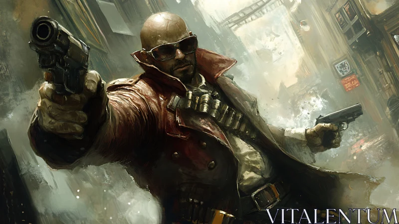 Bald armed figure in red coat in dense urban alleyway.