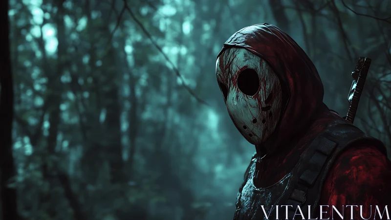 Masked killer stands in misty forest with bloodstained hood