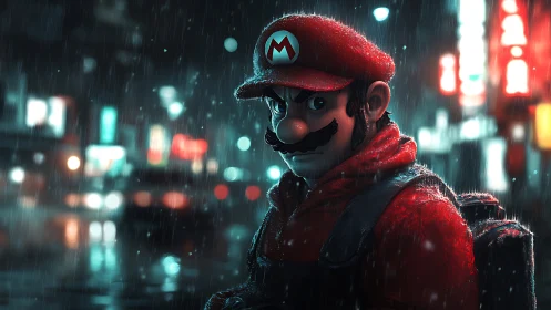 Grim cartoon hero stalks neon city streets in rain-soaked night