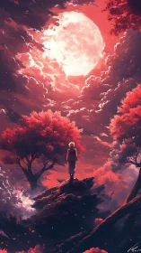 Digital painting of lone figure under crimson lunar sky.