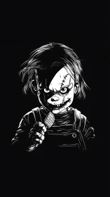 High-contrast ink rendering of stitched doll with knife poised.