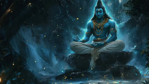 Blue-skinned seated figure in meditative pose within grotto.