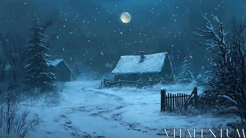 Snow covered cabin under full winter moonlight at night.