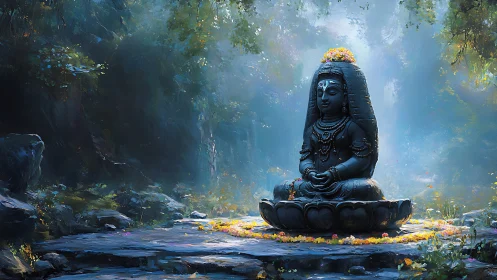 Stone meditative deity statue in misty forest clearing setting.