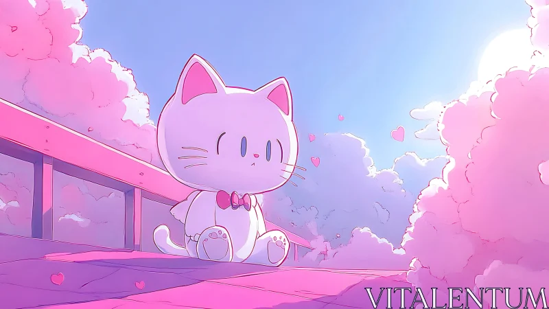 Cartoon cat sits on pink bridge amid pastel clouds