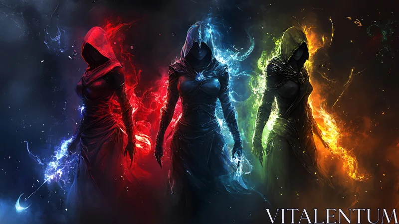 Elemental veiled sorceresses ignite a chromatic storm.