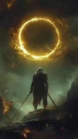 Lone cloaked warrior studies burning celestial ring in volcanic haze