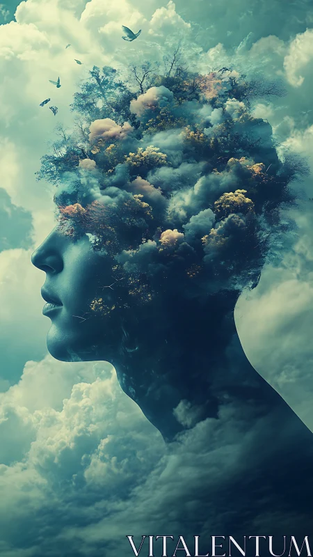 Surreal double exposure portrait merges clouds and forest mind