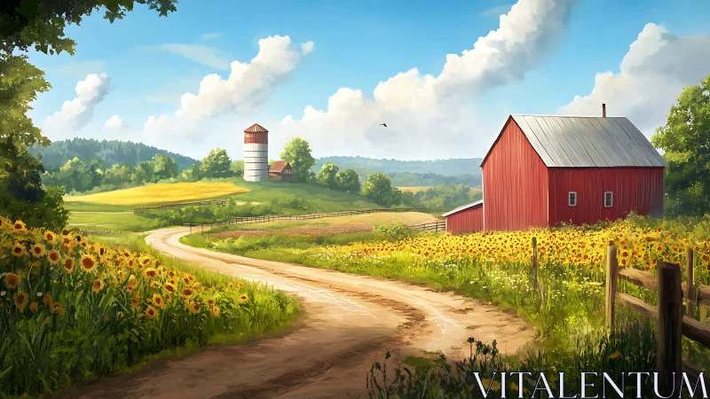 Sunlit country farm road winds through golden sunflower fields.