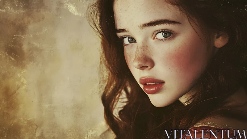 Gentle portrait of a freckled girl with thoughtful gaze.