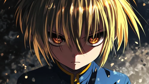 Intense anime character with glowing amber eyes stares ahead.