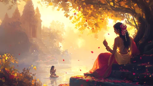 Serene riverside temple scene with two women at sunset.