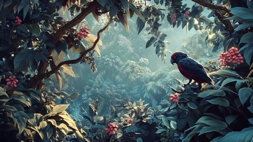 Volumetric-lit jungle canopy with perched red-black parrot.