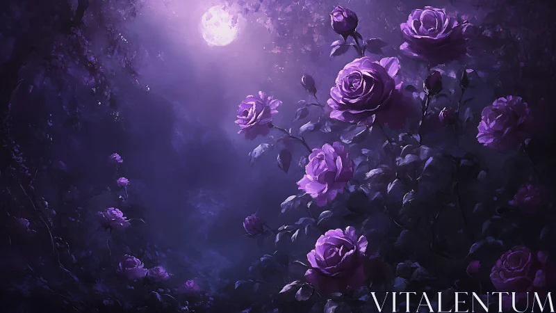 Purple Roses Under Moonlight in Ethereal Garden
